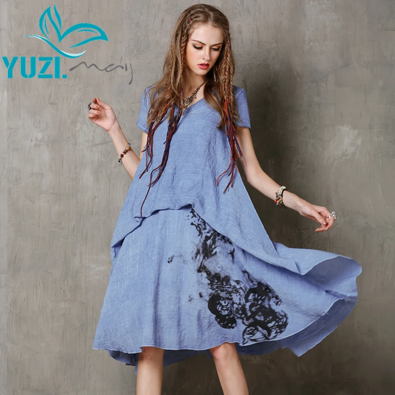 Женское летнее платье 2017 Yuzi. мая Boho новые хлопковые льняные асимметричные платья