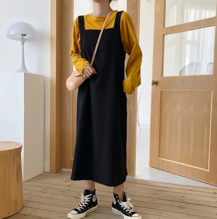 Черный Женские платья японский Ulzzang Kawaii леди колледж Стиль повседневное свободное платье Женская милая Корейская Harajuku одежда для женщин - Цвет: Черный