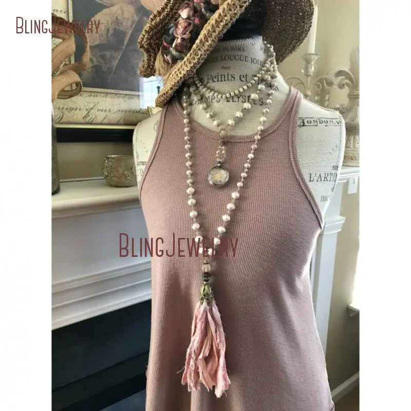 

Fun Accessory Knot Gems Beads Necklace Shabby BoHo Blue Sari Silk Tassel Necklace NM18299