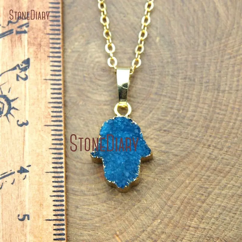 

10Pcs Top Seller Blue Druzy Crystal Necklace Gold Plating Hand Hamsa Necklace Sale 18-32inch NM15282