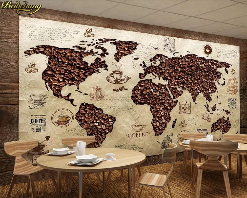 

beibehang Custom Photo Wallpaper Mural Cafe Cafe World Map Retro Restaurant Bar Background wall papers home decor Wall paper