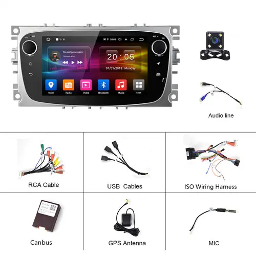 Podofo Автомобильный мультимедийный dvd-плеер Android 9,0 2 Din gps Авторадио для Ford Focus Mondeo Kuga C-MAX S-MAX Galaxy Bluetooth стерео - Цвет: With 4 LED Camera