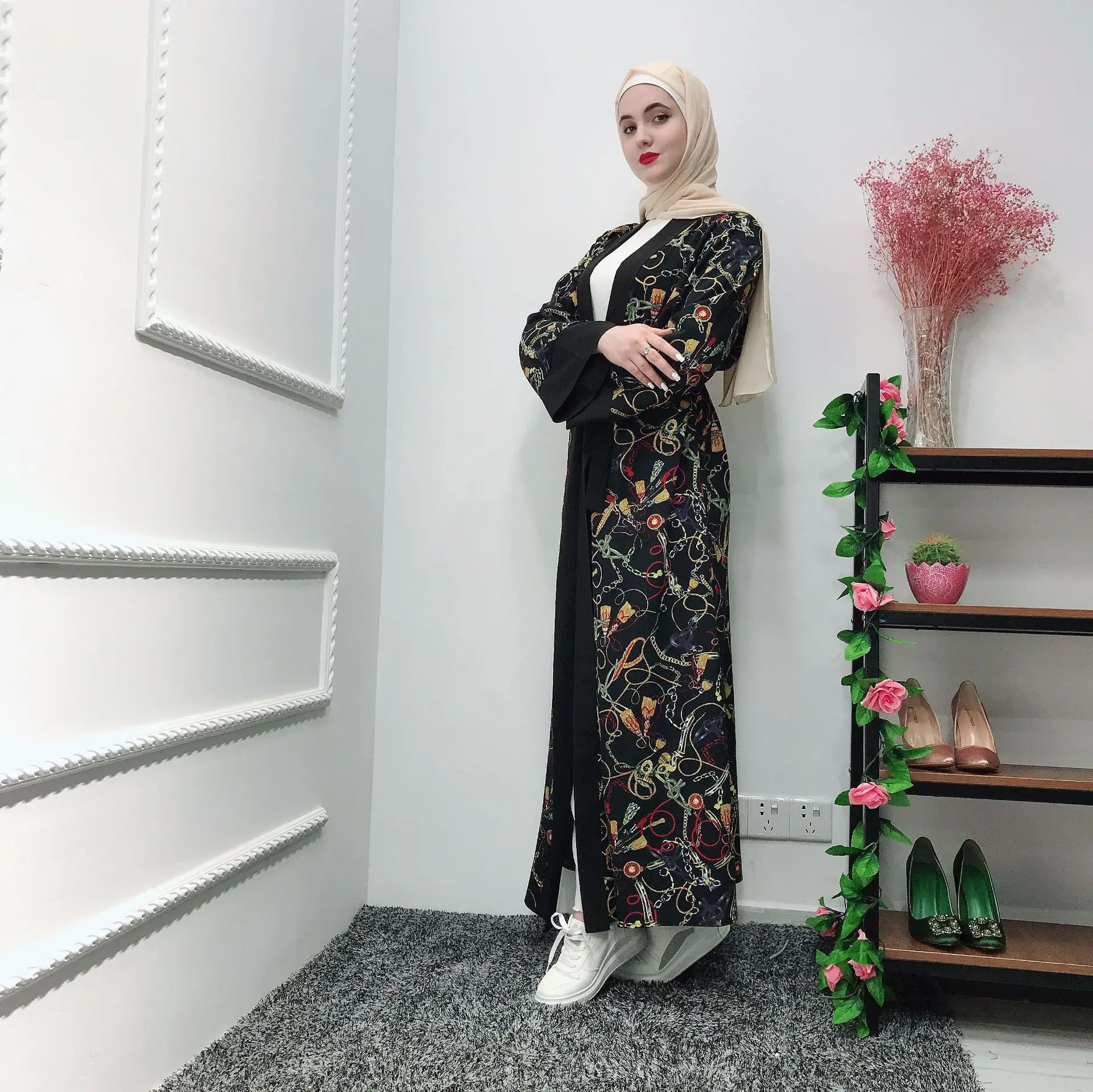 Summer print floral Muslim women shift long abaya black robes | Тематическая одежда и униформа