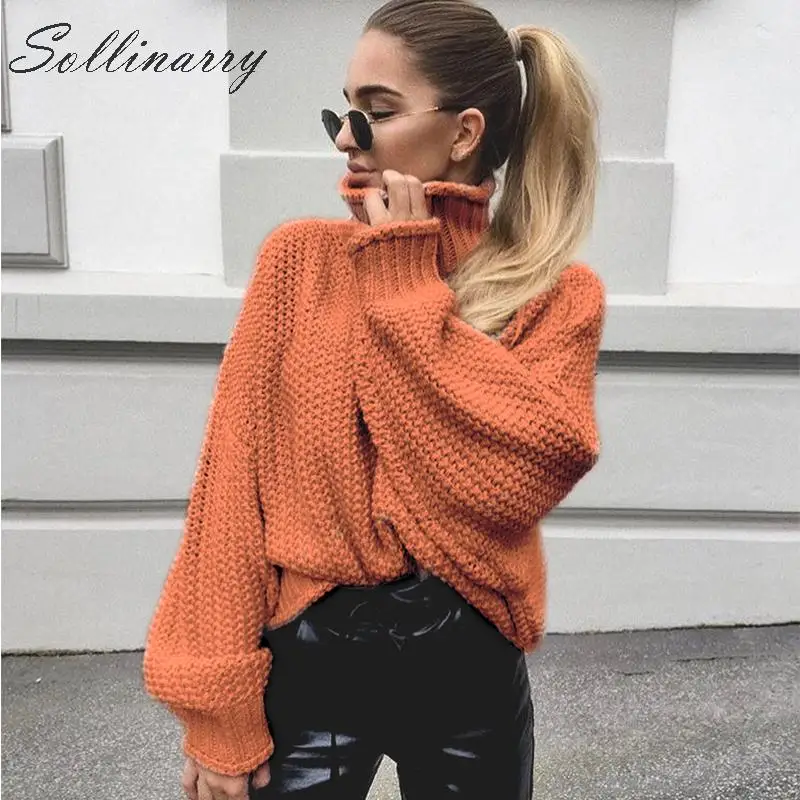 Sollinarry Long Sleeve Autumn Winter Pullovers Girl 2019 Solid Orange Knitted Casual Tops Sweater Women Loose Jumpers | Женская одежда