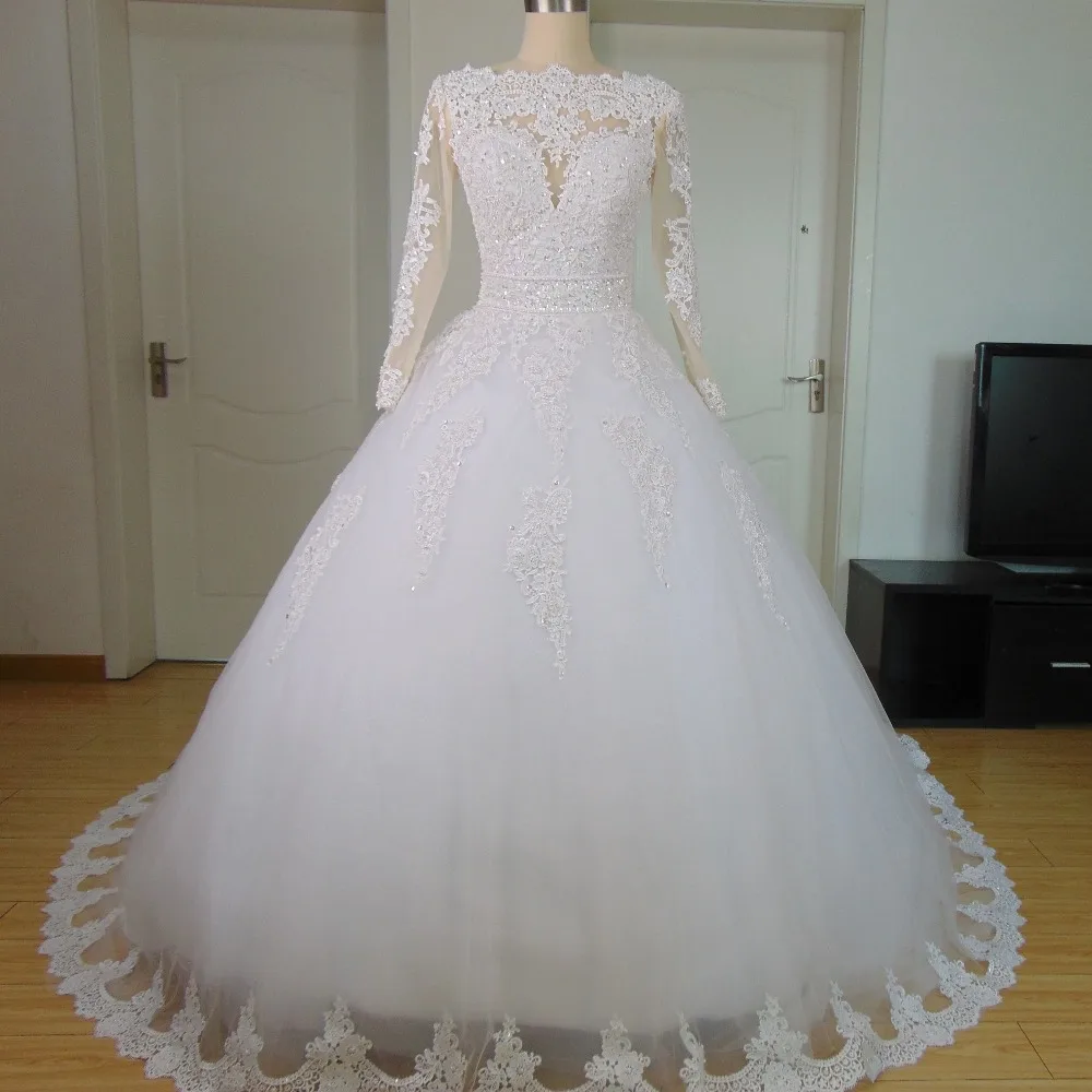 Vestido de noiva одежда с длинным рукавом бальное платье свадебное кружевом жемчугом