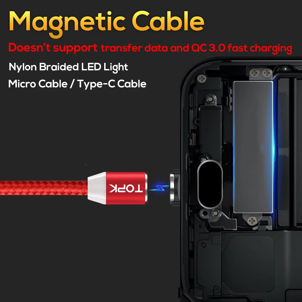СВЕТОДИОДНЫЙ Магнитный зарядный кабель TOPK 1 м для iPhone Xs Max XR X 8 7 6 Plus, кабель Micro USB и кабель usb type C, Магнитный зарядный кабель USB C