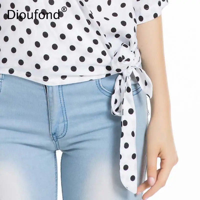 Женская хлопковая блузка Dioufond черная Повседневная Блузка в горошек с бантом три