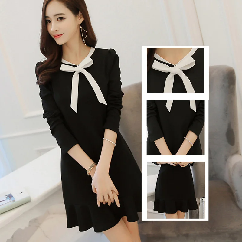 2018 школьные платья модные женские офисные черное платье с белым воротником