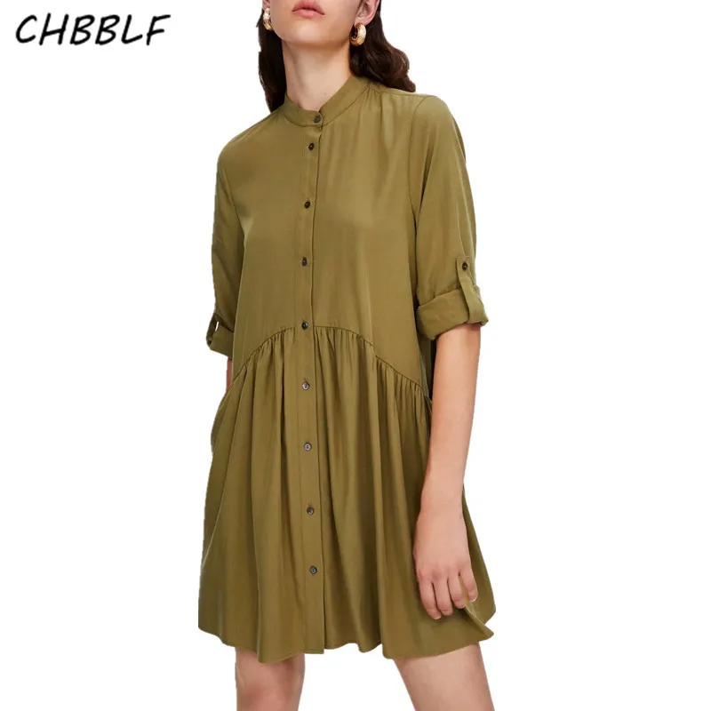 CHBBLF женское однотонное плиссированное платье с рукавом три четверти стоячий