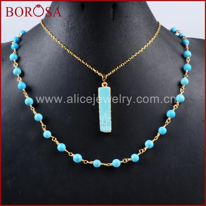 Женское прямоугольное ожерелье BOROSA золотистого цвета с круглым камнем Howlite и 6 мм
