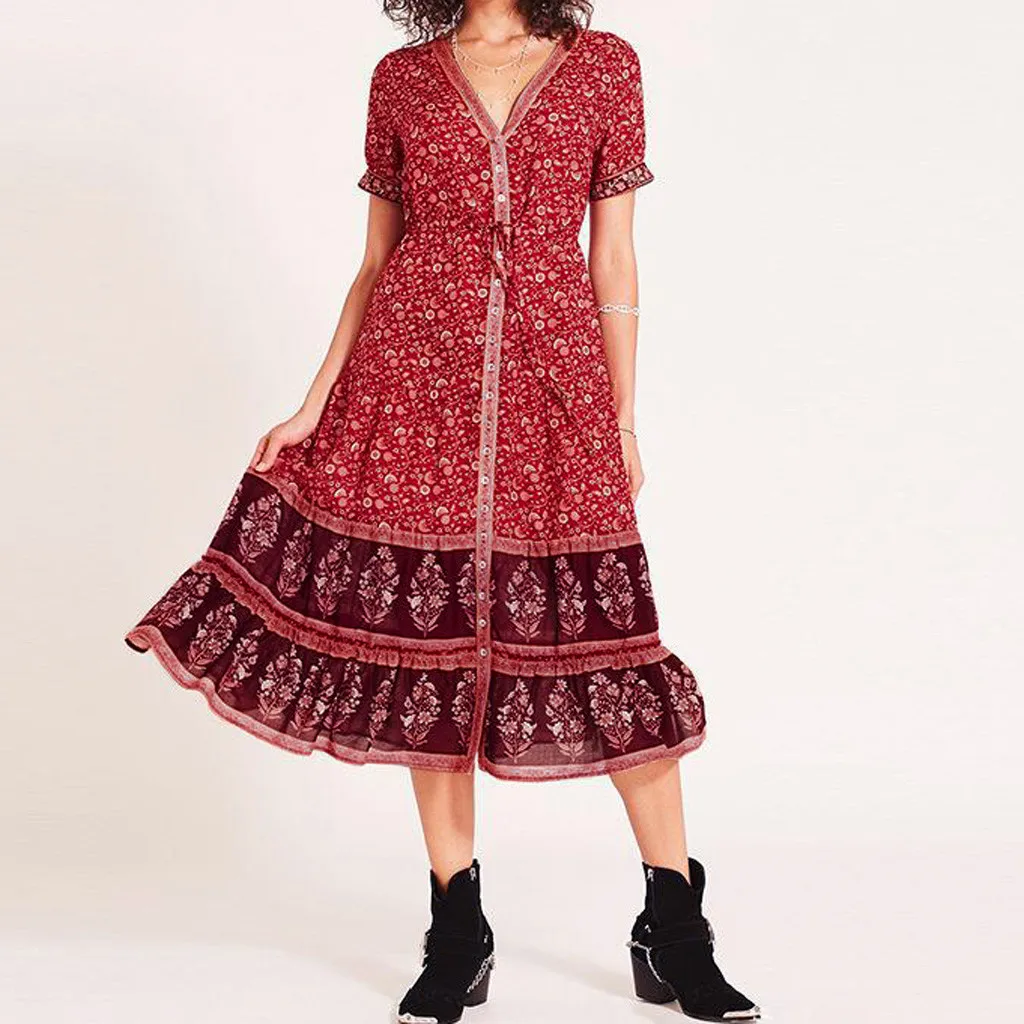 Women Boho Floral Printed Dress 2019 Summer Holiday Beach Long Maxi Evening Party Chic Ethnic Style V-neck Dresses | Женская одежда