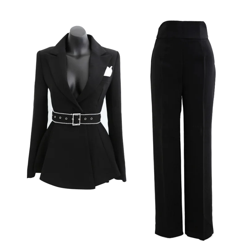 Осень/Зима 2019 модные женские брючные костюмы с поясом тонкие длинные брюки