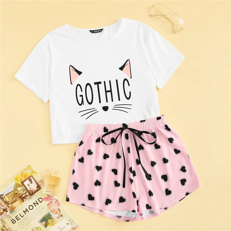 SHEIN Футболка С Графическим И Текстовым Принтом И Шорты Пижамный Комплект