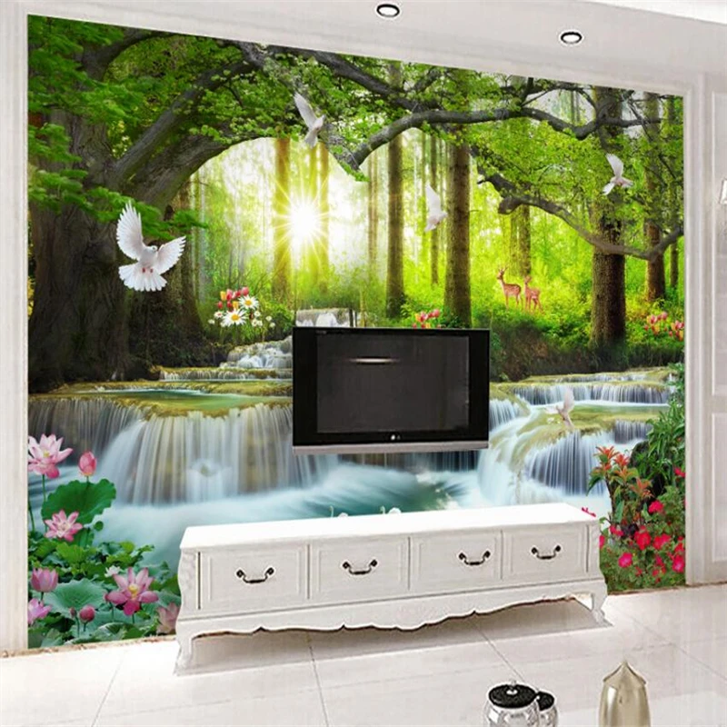 

wellyu Simple Leisure Green Tree Forest Waterfall Landscape Tooling Wall Custom Large Mural Green Wallpaper papel de parede