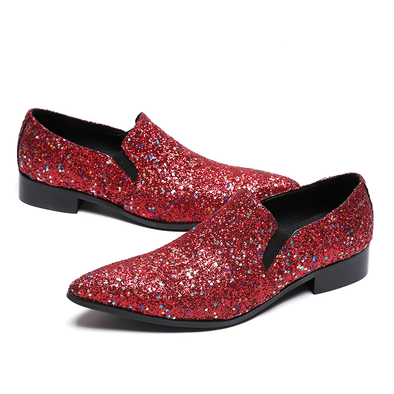 

Banquet Wedding Mens Dress Shoes Genuine Leather Casual Men's Flats Red Glistening Glitter Men Loafers Sequins Slippers Flats