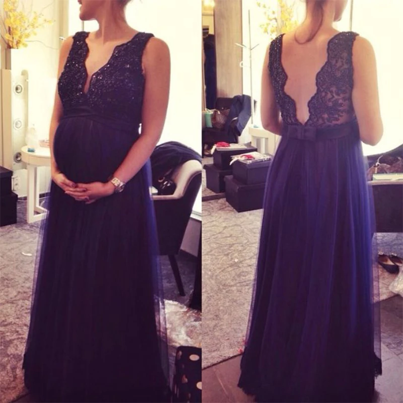 2017 вечернее платье большого размера для беременных женщин темно синее кружевное