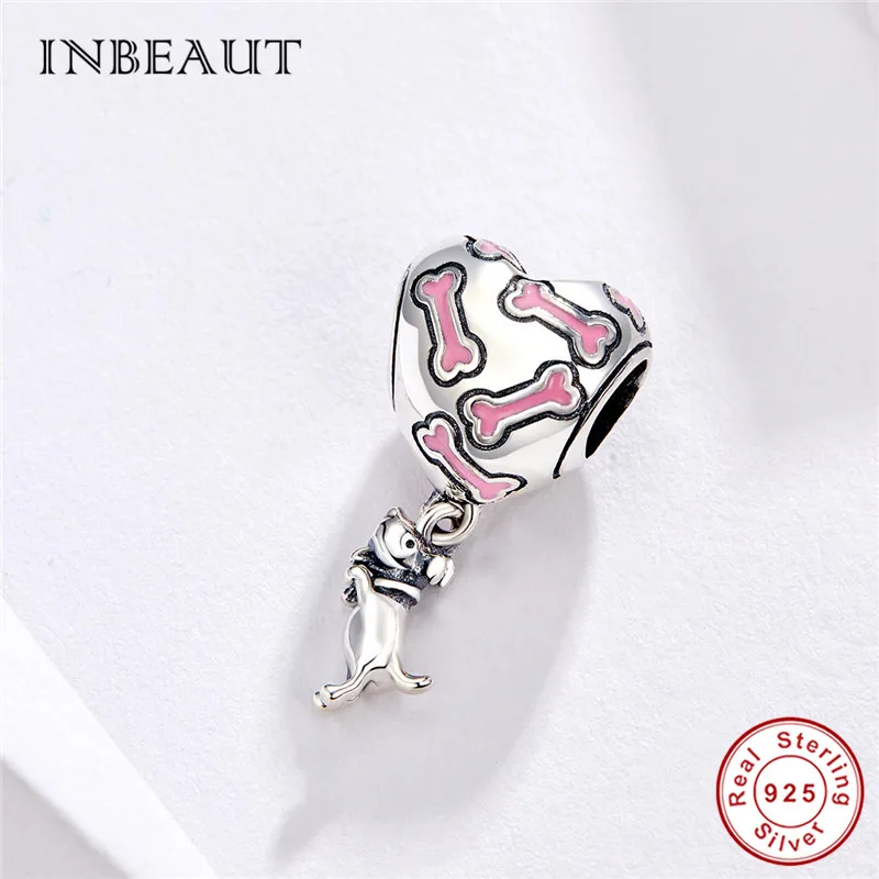 INBEAUT 100% реальная фотография серебра милая собака розовый любимый кость сердце
