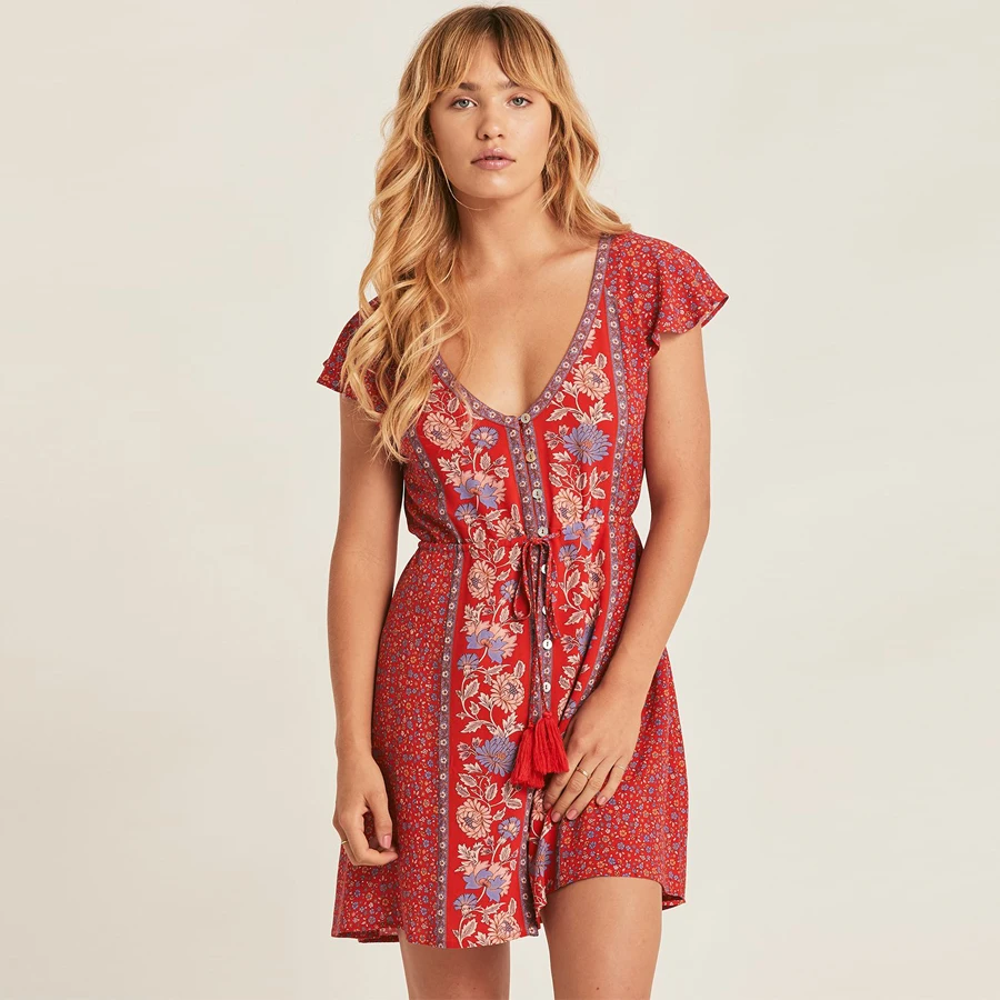 TEELYNN BOHO мини платье вискоза цветочный принт пляжные летние платья сексуальные v
