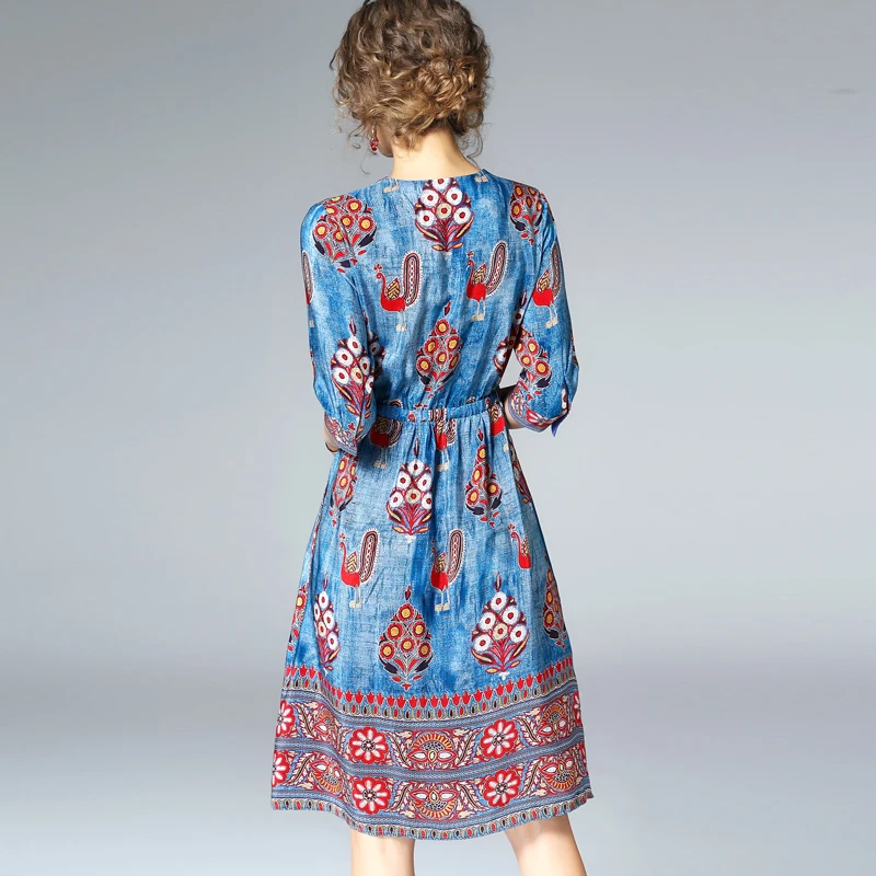 Высокое качество 100% шелковое платье женское с принтом Платья v-образным вырезом