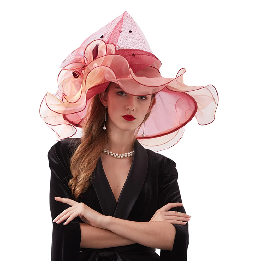 Red Sun Hats FS Чародейка чай Кентукки вечерние шляпы свадебное церковное платье женские шляпы от солнца элегантные органза дамы большие широкие поля винтажная фетровая шляпа - Цвет: Red Sun Hats