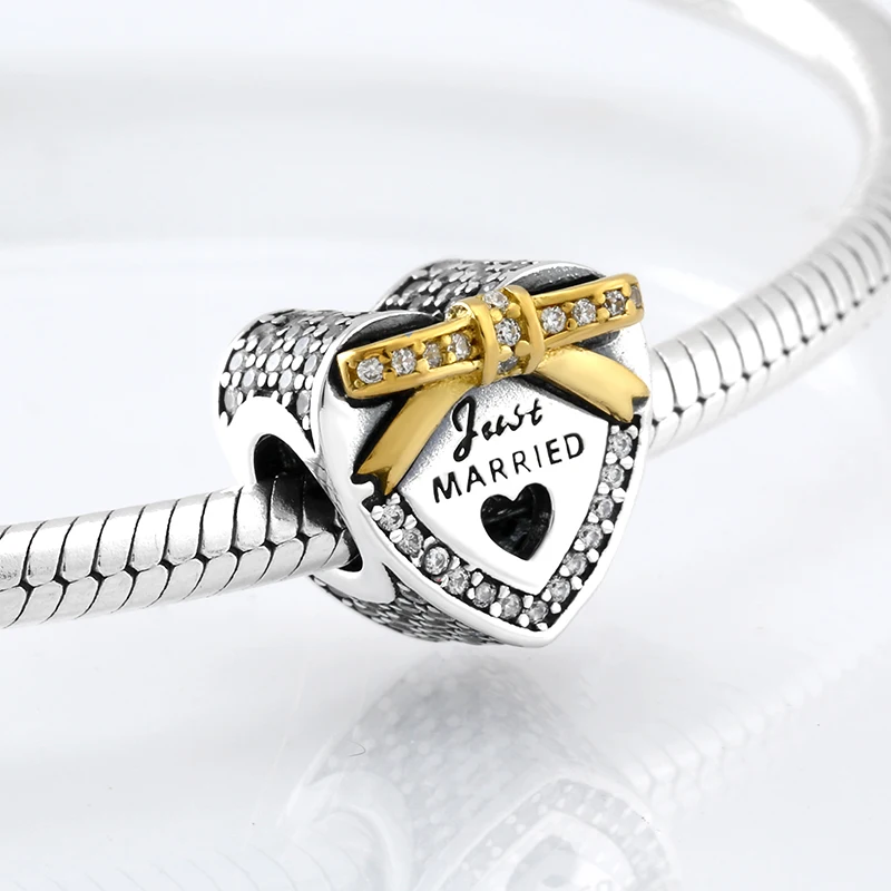 Новинка, 925 пробы, Silve yellowr, бант, для свадьбы, в форме сердца, CZ бусины, подходят к оригиналу Pandora, очаровательный браслет, ювелирное изделие