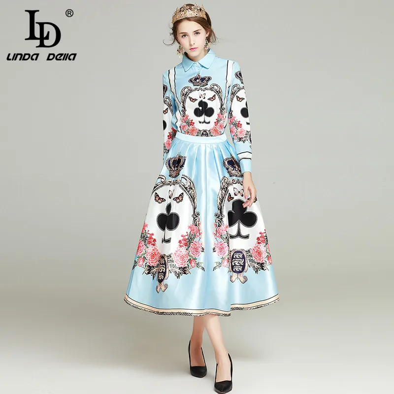 LD LINDA DELLAHIGH, высокое качество, новая мода, подиум,, дизайнерский костюм, комплект, женский, с принтом, отложной воротник, Блузка+ юбка с принтом, костюм, комплект