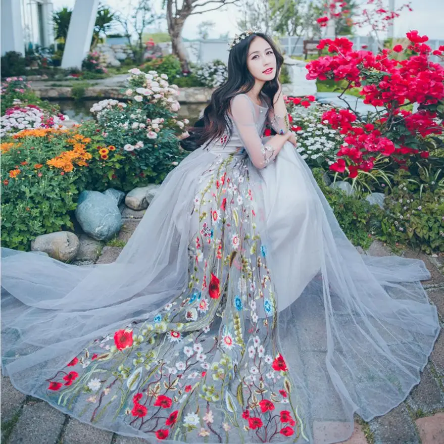 2018 весеннее новое платье с вышивкой Сетчатое принтом Женская высокая талия