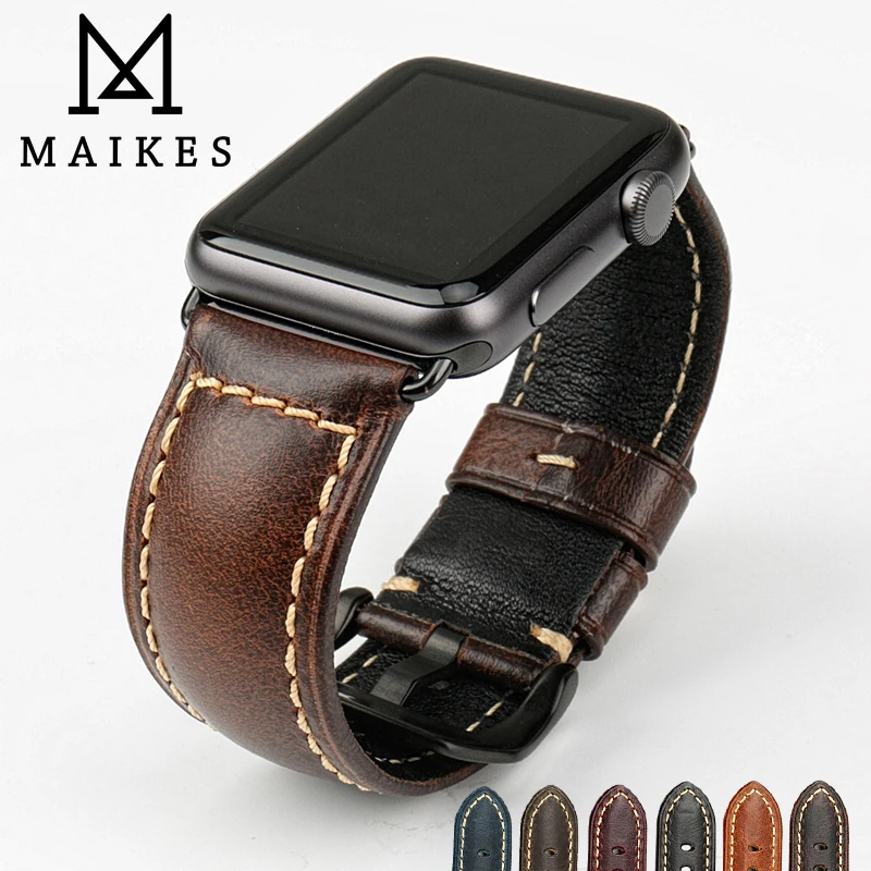 MAIKES Vintage Genuine Leather Band For Apple Watch 45mm 41mm 44mm 40mm 42mm 38mm Series 7 6 1