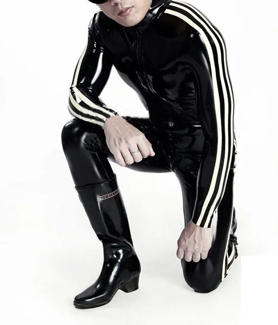 Verkauf Heißer Verkauf Mode Männer 3 Weiß Streifen Latex Catsuit Rubber Body Gummi 0,4mm Overall W Vordere Gabelung Zipper Hot Verkauf