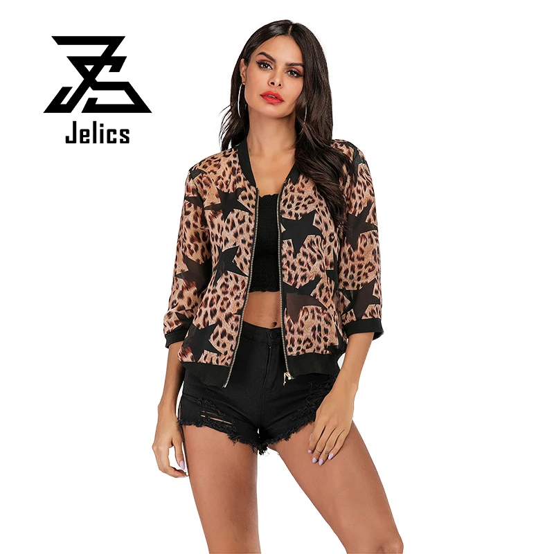 

Jelics Leopard Print Summer Thin Women Short Jacket Fashion Streetwear Slim Chiffon Three Quarter Sleeve Coat Female Outwear