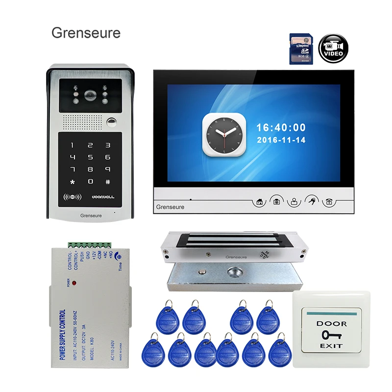 Бесплатная доставка 9 &quotцветной экран видеодомофон система внутренней записи RFID