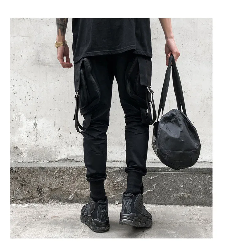 Брюки карго мужские с лентами и большими карманами уличный стиль хип хоп