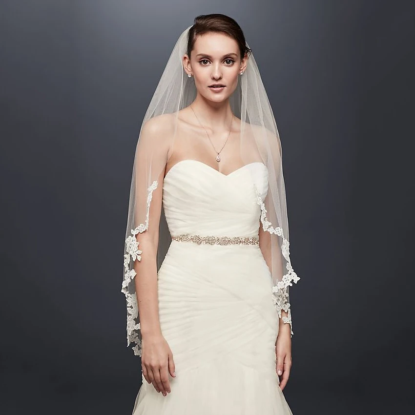 Appliqued Edge Bridal Veil Wedding Accessories One Tier Fingertip Veils with Combs Handmade