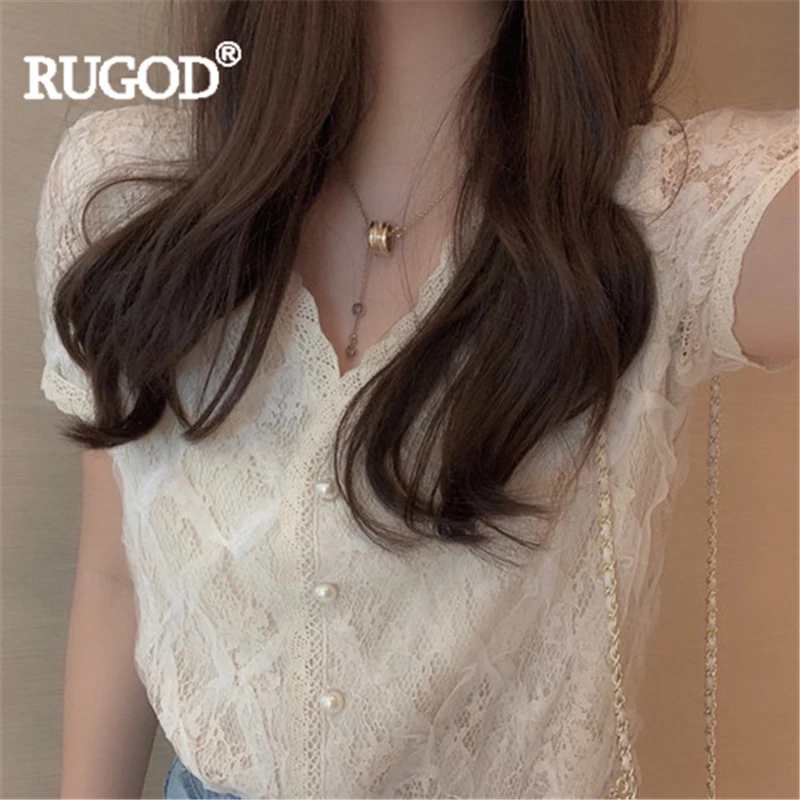 Винтажная блузка RUGOD Женская однотонная кружевная короткая с V образным вырезом