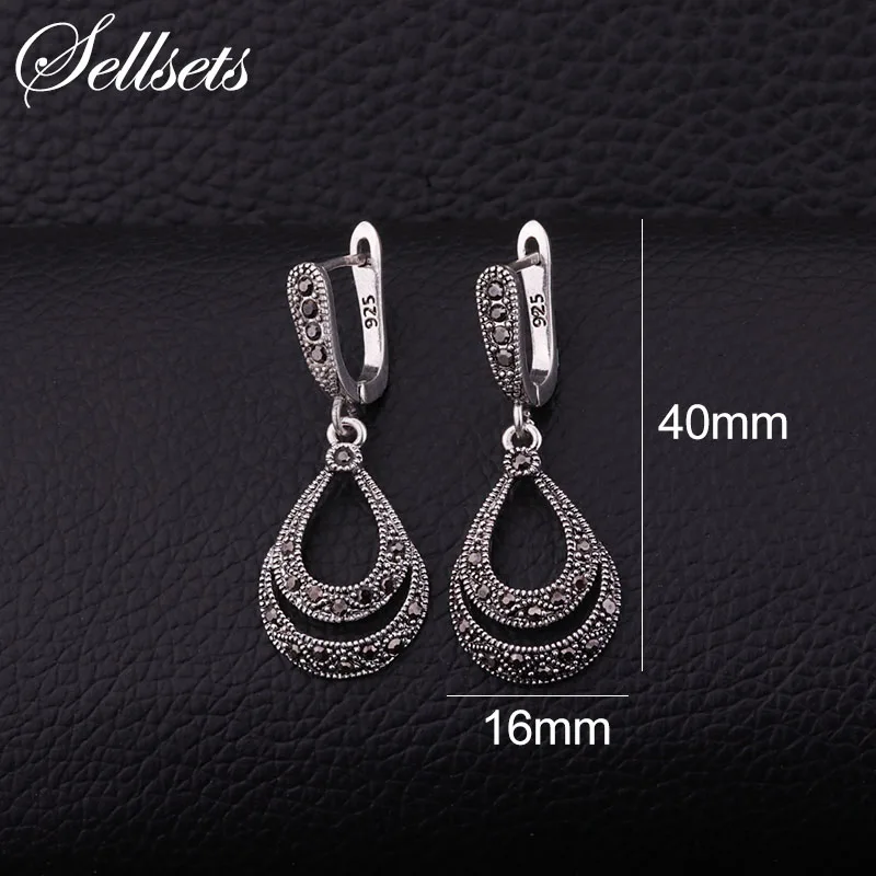Женские винтажные серьги подвески Sellsets Серебристые с черным фианитом модные