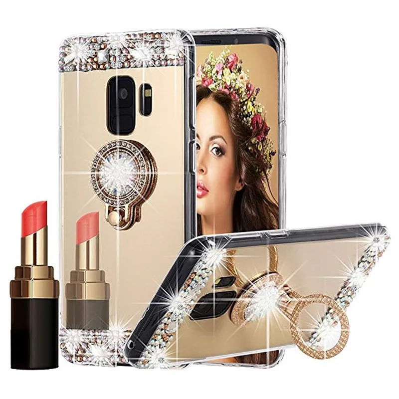 Блестящие зеркальные чехлы с бриллиантовым кольцом для телефона Samsung Galaxy S9 Plus S4 S5