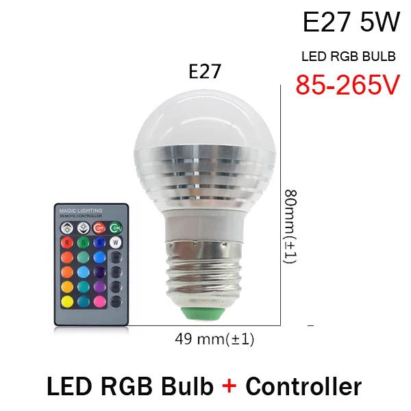 E27 5W RGB BULB 1 шт. E14 E27 GU10 RGB светодиодный светильник 3 Вт 5 Вт 9 Вт 110 В 220 В 16 изменение цвета RGB Лампочка светильник+ пульт дистанционного управления для бара KTV украшения - Испускаемый цвет: E27 5W RGB BULB