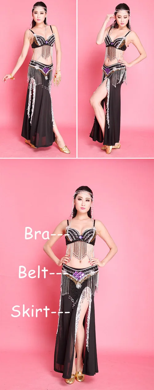 Black 3pcs Юбка для танца живота юбка в индийском стиле костюм для танца живота платье Болливуд танцевальные костюмы цыганские костюмы размера плюс юбка для танца живота - Цвет: Black 3pcs