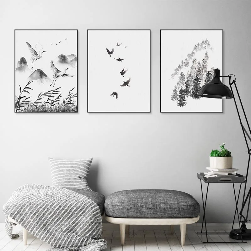 Chinese Ink Landscape Painting Birds Mountain Black White Posters Prints Oriental Living Room Wall Art Home Decor Canvas Picture | Дом и сад