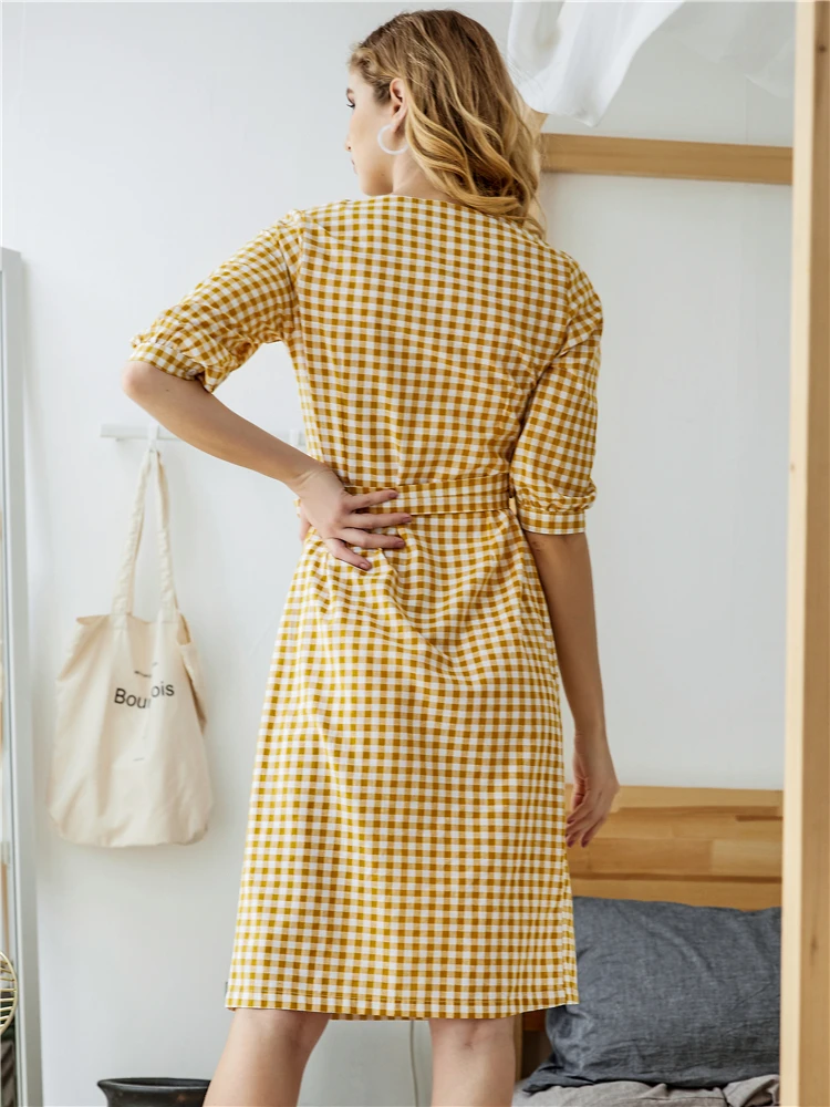 Colorfaith New Women Dresses Spring Summer V-Neck Plaid Dresses Asymmetric Linen Casual Ladies Patchwork Lace Up Bow DR122