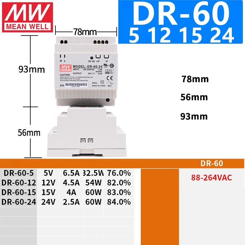 MEAN WELL DR-15 30 45 60 100 5 V 12 15 24 Meanwell DR-15-30-45-60-100 W Одиночный выход Промышленные din-рейки |