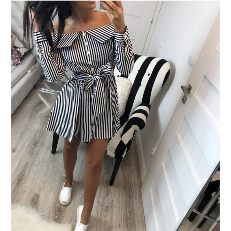 Элегантное платье рубашка с открытыми плечами полоска 2018 женское длинным