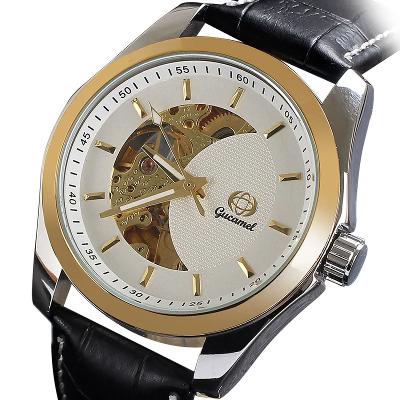Black watch men mechanical automatic black genuine leather band business winner skeleton dial hollow moon shape dropship | Наручные часы