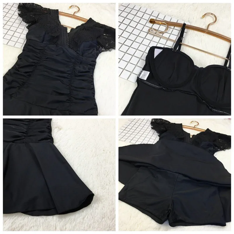 Цельный купальник с V образным вырезом обтягивающий живот однотонный кружевной