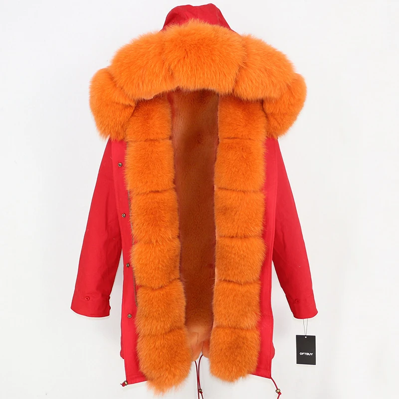 red orange OFTBUY, зимняя женская куртка, пальто из натурального меха, длинная парка, Воротник из натурального Лисьего меха, Толстая теплая брендовая Роскошная Съемная Повседневная Новинка - Цвет: red orange
