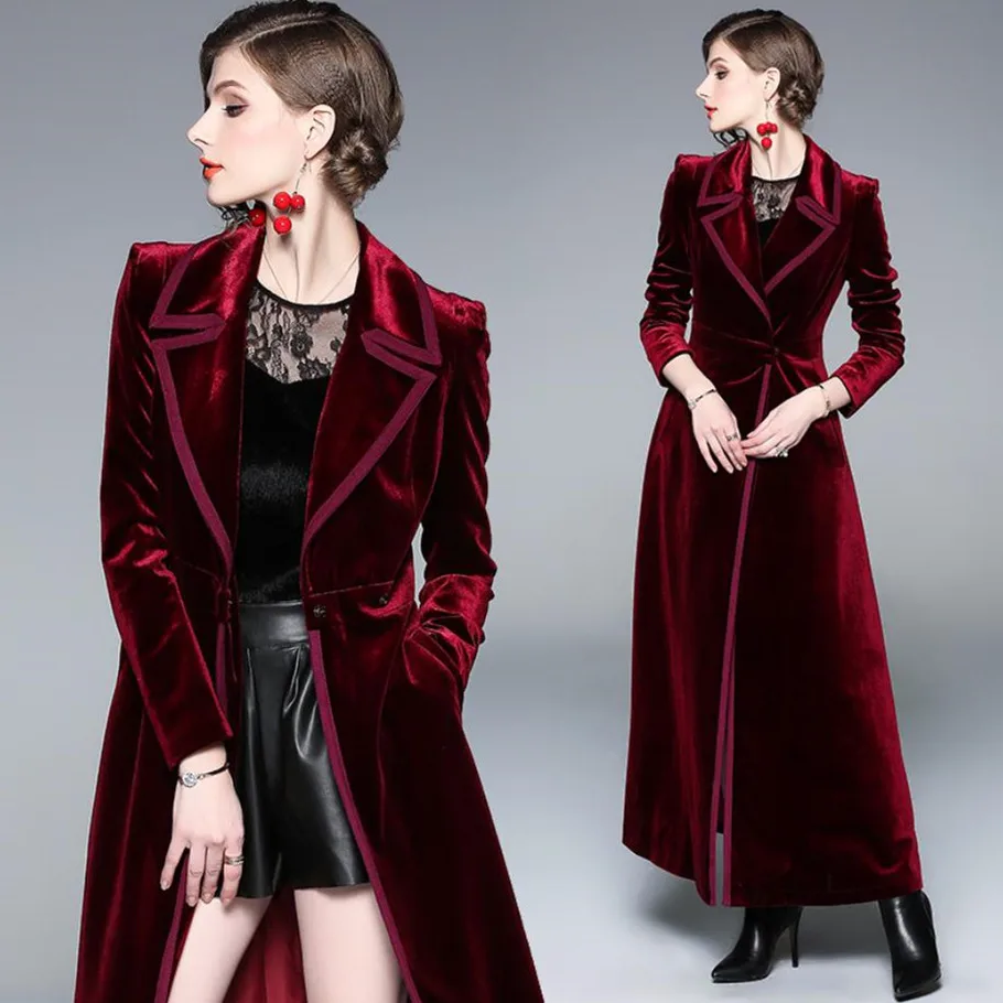

2019 S-XXL SPRING Runway Designer Women Vintage wine red Velvet Coat Thick Warm X-Long Trench Coat Outwear H25