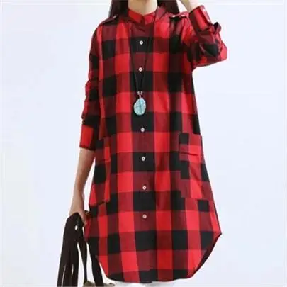 S066 Red VIIANLES, клетчатые топы, женские топы, повседневные футболки, отложной воротник, длинный рукав, фланелевая длинная рубашка с карманом, черная, белая, Сетчатая футболка - Цвет: S066 Red