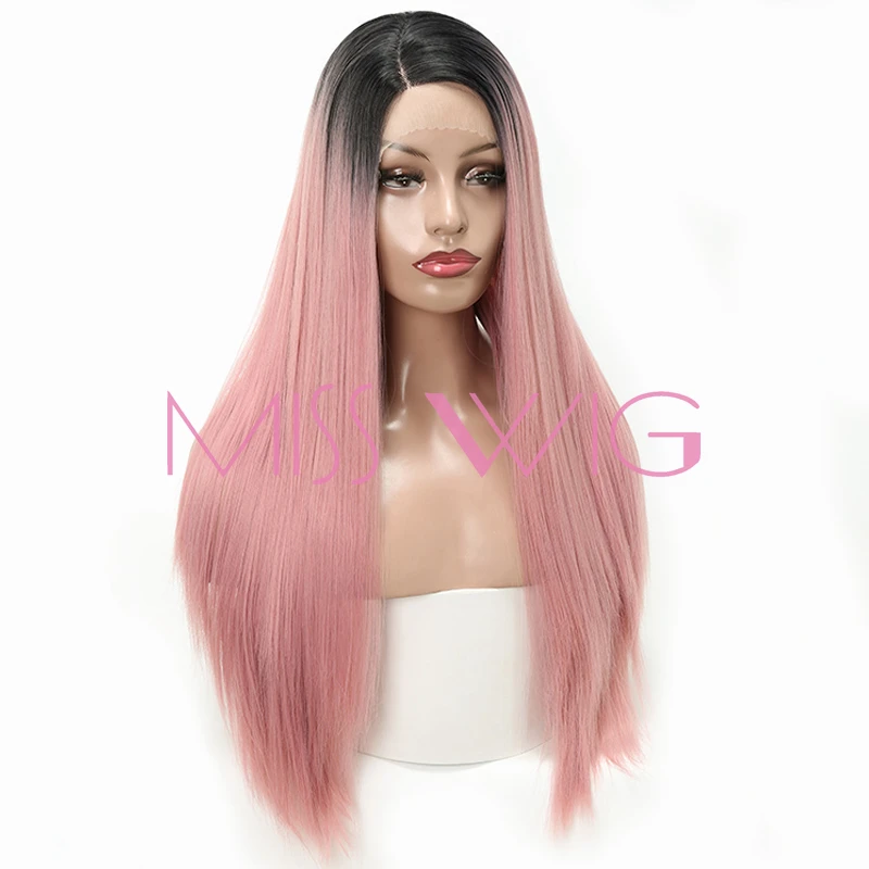 Miss wig длинные прямые синтетические волосы на фронтальной основе парик розовый цвет парики для женщин высокая температура Волокно Термостойкие