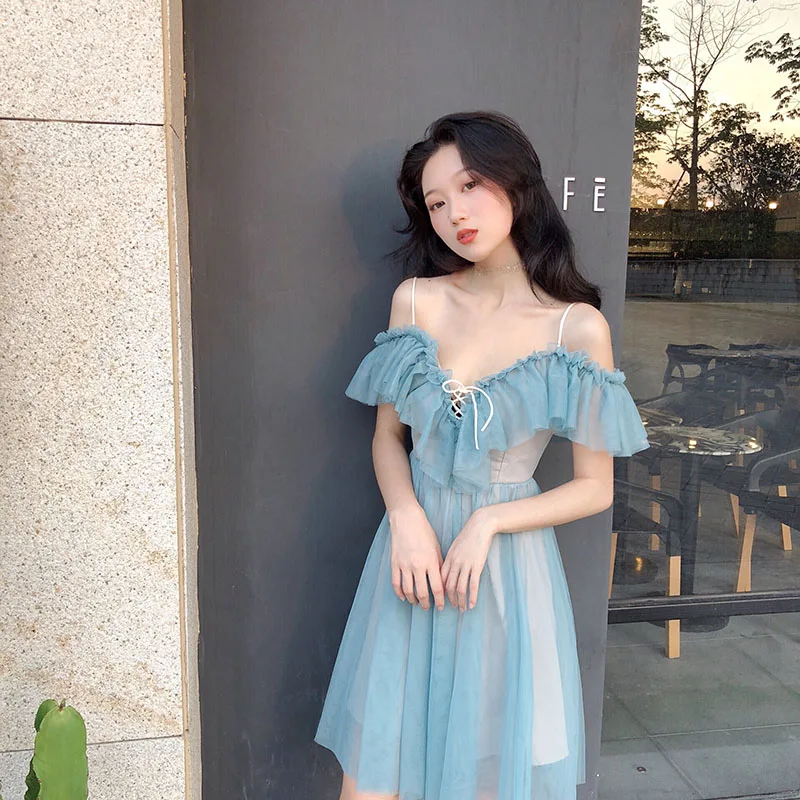 Платье с короткими рукавами и оборками FNPE летнее Сетчатое платье в Корейском