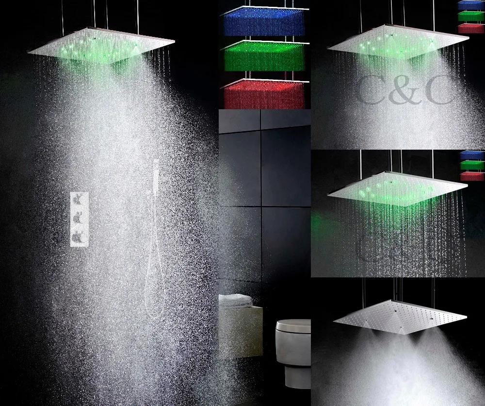 

Thermostatic Bathroom Shower Faucet Set 20 Inch Atomizing And Rainfall LED Shower Head With Brass Hand Shower